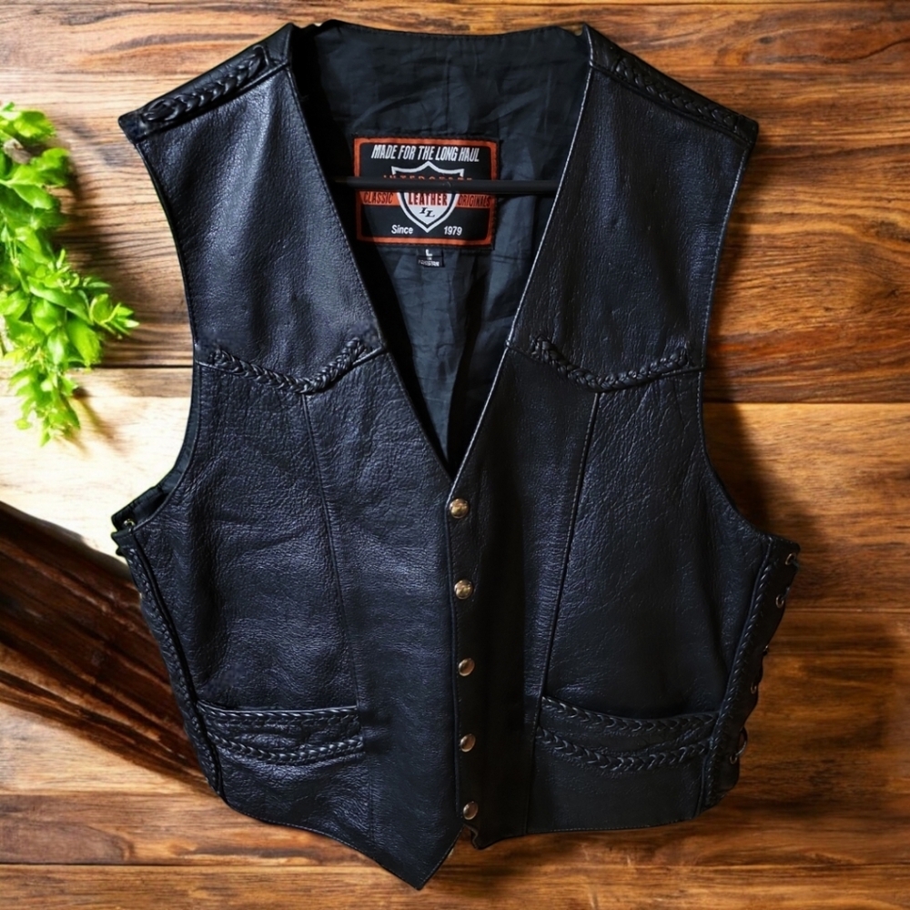 Vtg Interstate Leather Classic Original Biker Trucker Laced Sides Snaps Sz L